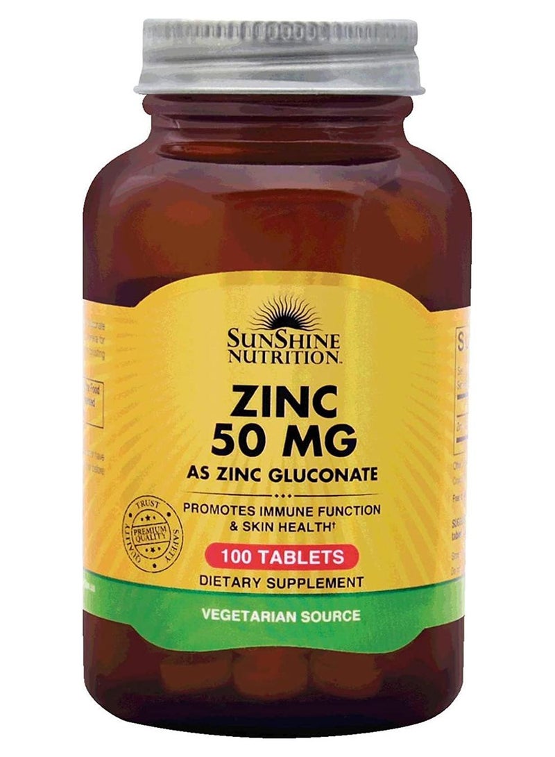 SUNSHINE NUTRITION Zinc 50Mg Infused With Zinc Gluconate Promotes Immune Function And Skin Health Dietary Supplement Vegetarian 100 Tablets | - Image 1