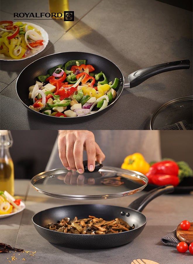 Royalford 28CM Aluminium Non-Stick Fry Pan with Glass Lid – Deep Saute Pan for Gas Hob Cooking, Durable Granite Coating, Ergonomic Cool-Touch Handle, Ideal for Frying, Sautéing & Stir-Frying – Black Black 28 cmcm - Image 5