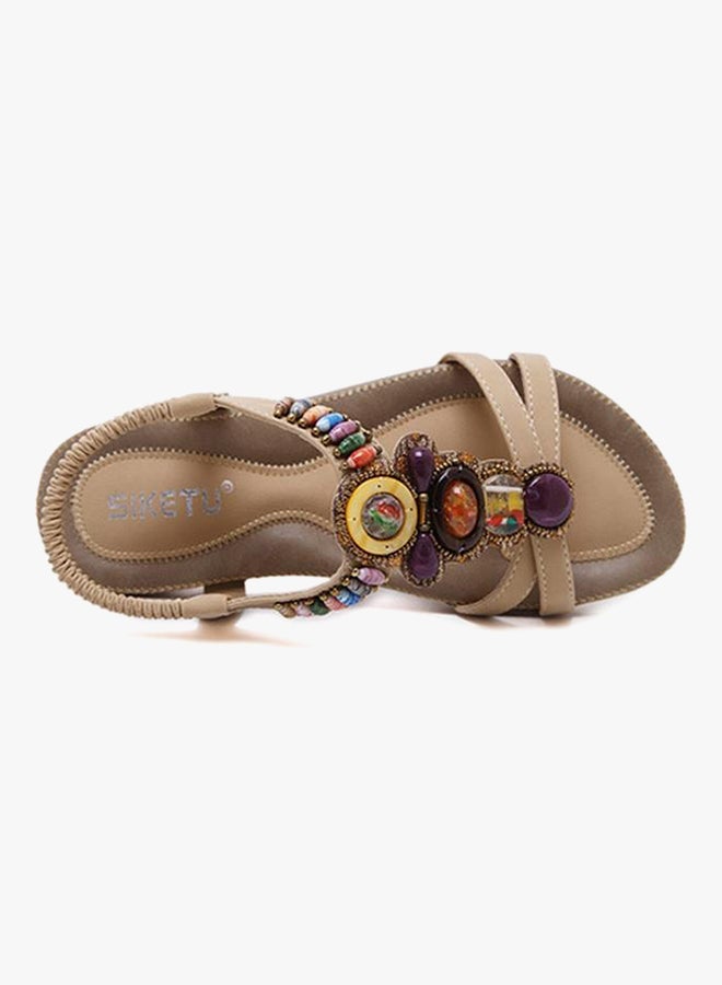 Rhinestone leisure Studded Bohemian Sandals Beige - Image 1