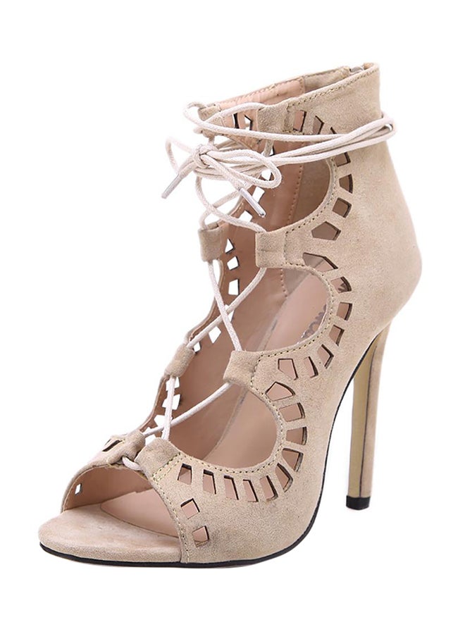 Lace Up Cut Out Open Toe High Heels Sandals Beige  - Image 4