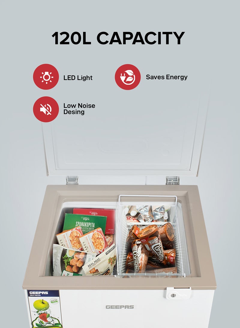 GEEPAS 120L Gross/100L Net Capacity Free Standing Chest Freezer With Compressor Switch Off Function, LED Light, Lock & Key, High Efficiency Monolithic Foaming, 1 Food Basket, Adjustable Thermostat 120 L 100 W GCF1206WAH White  - Image 5