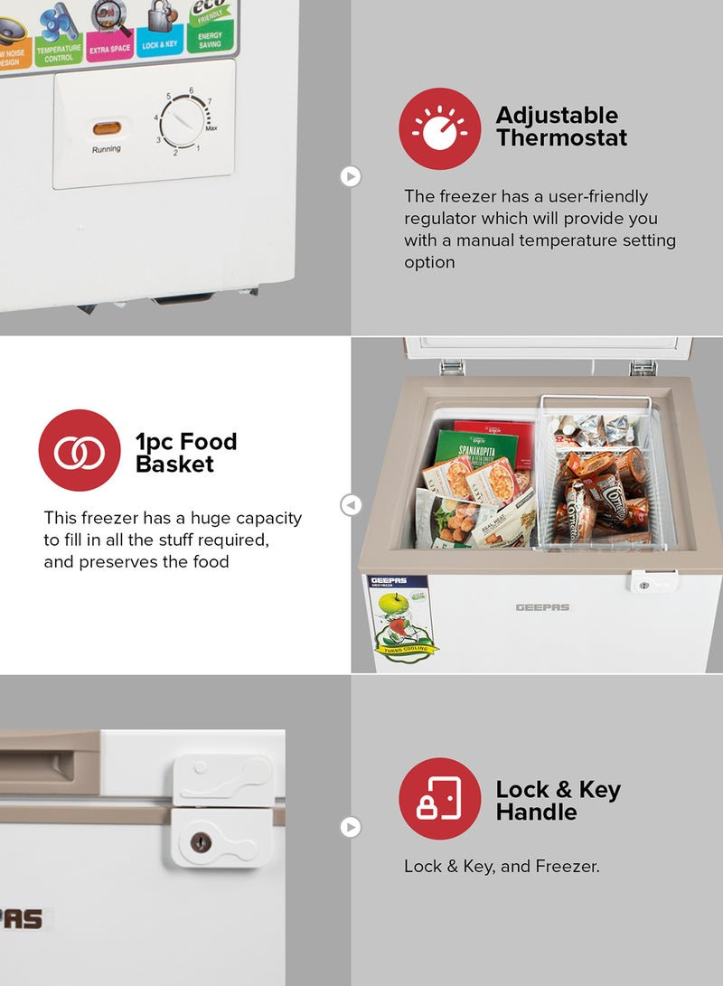 GEEPAS 120L Gross/100L Net Capacity Free Standing Chest Freezer With Compressor Switch Off Function, LED Light, Lock & Key, High Efficiency Monolithic Foaming, 1 Food Basket, Adjustable Thermostat 120 L 100 W GCF1206WAH White  - Image 3