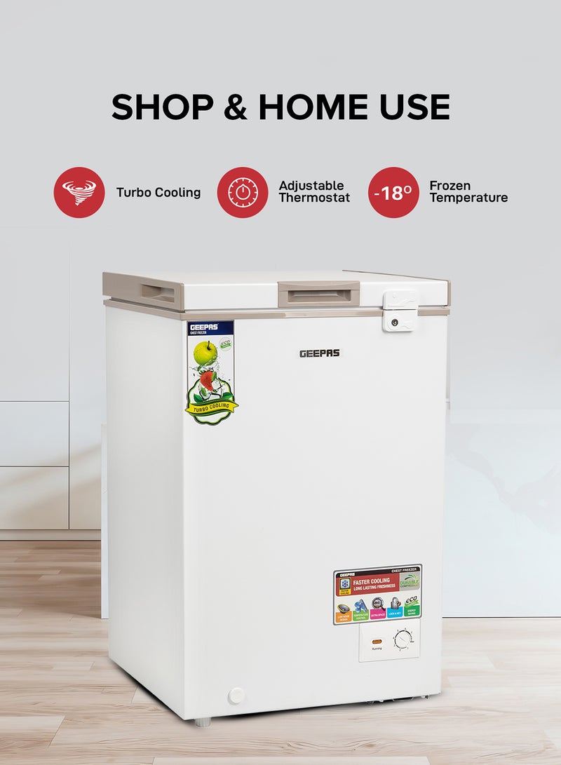 GEEPAS 120L Gross/100L Net Capacity Free Standing Chest Freezer With Compressor Switch Off Function, LED Light, Lock & Key, High Efficiency Monolithic Foaming, 1 Food Basket, Adjustable Thermostat 120 L 100 W GCF1206WAH White  - Image 2