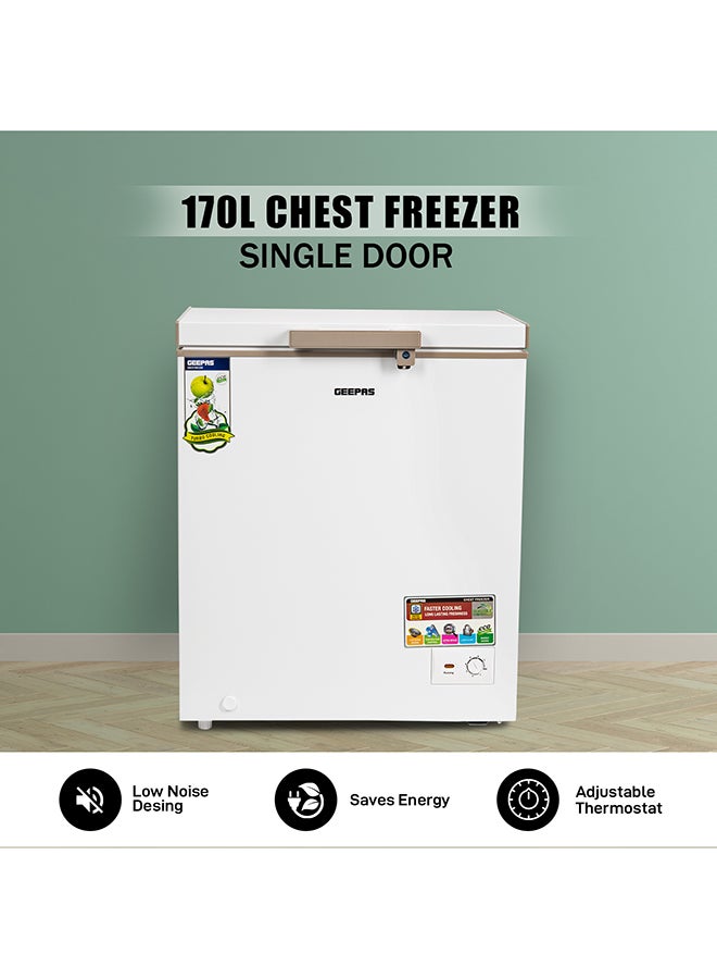 GEEPAS - 170L Gross/145L Net Capacity Single Door Chest Freezer With Compressor Switch Off Function, LED Light, Lock & Key, High Efficiency Monolithic Foaming, 1 Food Basket, Adjustable Thermostat 170 L 115 W GCF1706WAH White - Image 1