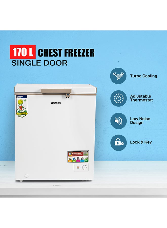 GEEPAS - 170L Gross/145L Net Capacity Single Door Chest Freezer With Compressor Switch Off Function, LED Light, Lock & Key, High Efficiency Monolithic Foaming, 1 Food Basket, Adjustable Thermostat 170 L 115 W GCF1706WAH White - Image 1