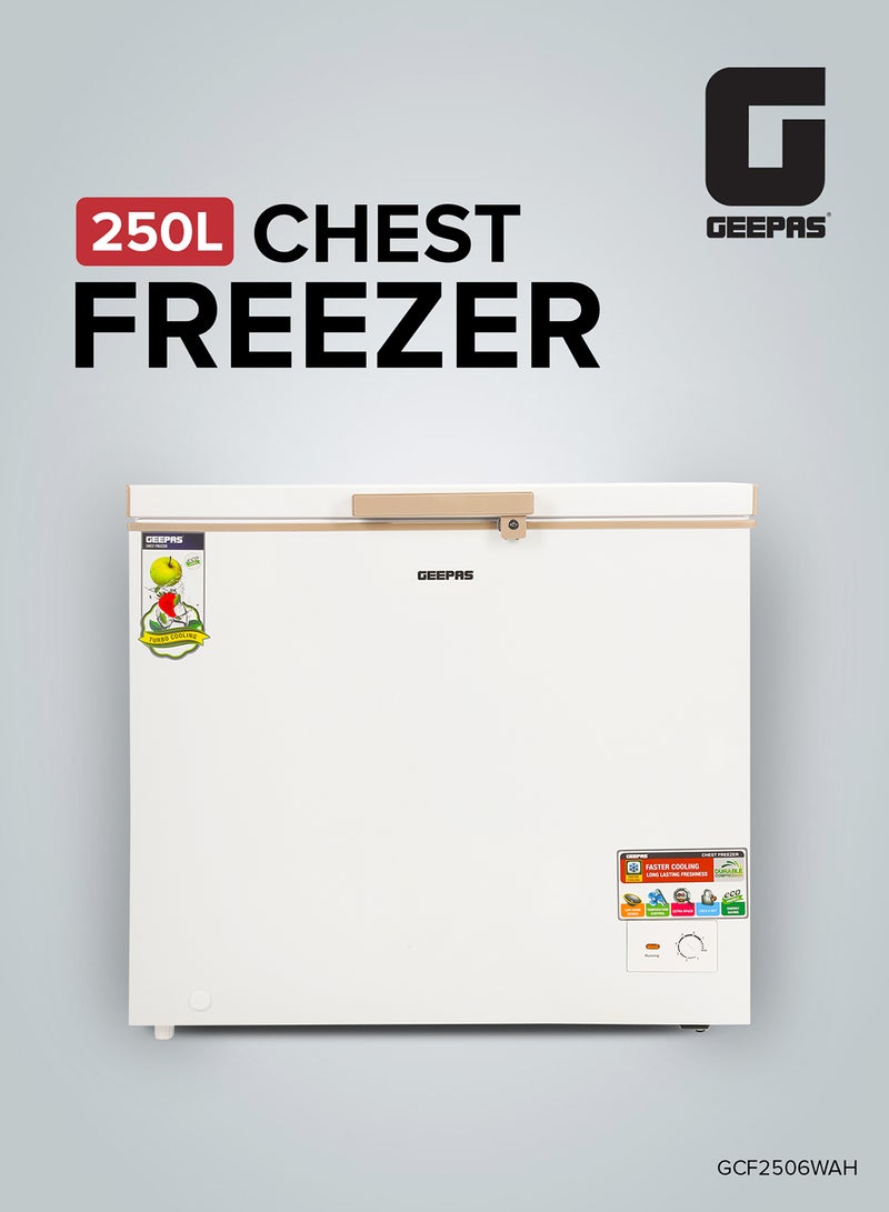GEEPAS 250L Chest Freezer Adjustable Thermostat -18°C Frozen Temperature | 1pc Food Basket | Compressor Switch off function , 100% HCF & FCKW Free | 125W, High efficiency Monolithic Foaming| LED Light with Lock & Key 250 L GCF2506WAH White  - Image 1