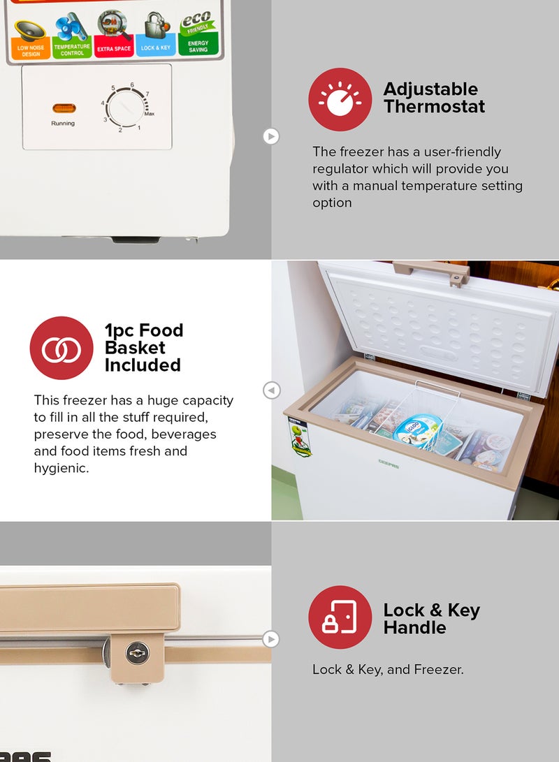 GEEPAS 250L Chest Freezer Adjustable Thermostat -18°C Frozen Temperature | 1pc Food Basket | Compressor Switch off function , 100% HCF & FCKW Free | 125W, High efficiency Monolithic Foaming| LED Light with Lock & Key 250 L GCF2506WAH White  - Image 3