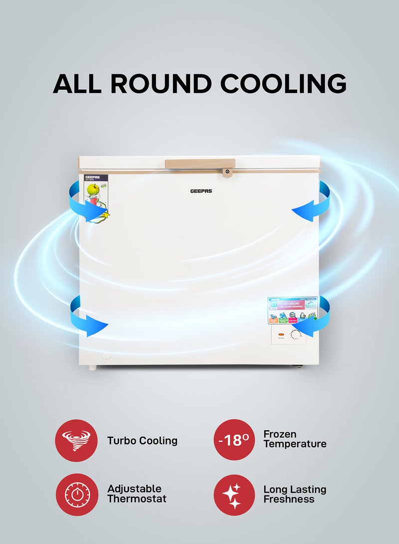 GEEPAS 250L Chest Freezer Adjustable Thermostat -18°C Frozen Temperature | 1pc Food Basket | Compressor Switch off function , 100% HCF & FCKW Free | 125W, High efficiency Monolithic Foaming| LED Light with Lock & Key 250 L GCF2506WAH White  - Image 4