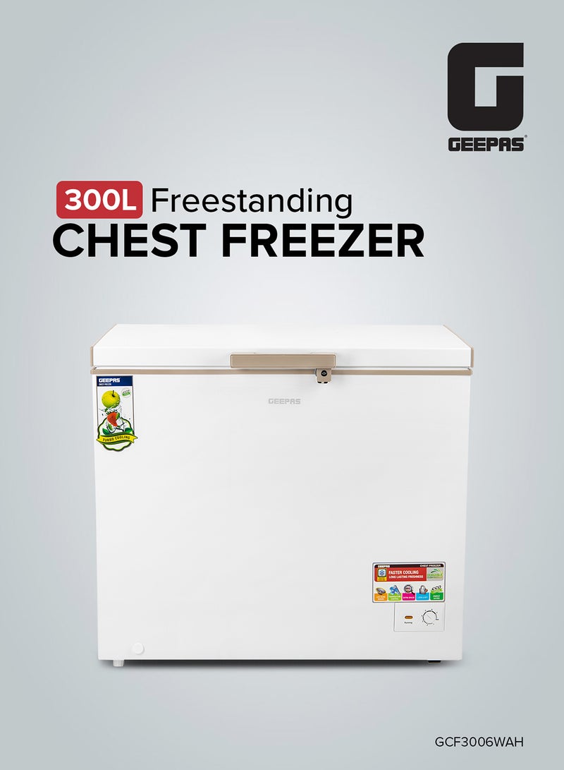 GEEPAS 300L Gross/260L Net Capacity Freestanding Chest Freezer With Compressor Swith Off Function, LED Light, Lock & Key, High-Efficiency Monolithic Foaming, 2 Food Basket, Adjustable Thermostat 350 L 155 W GCF3006WAH White  - Image 1