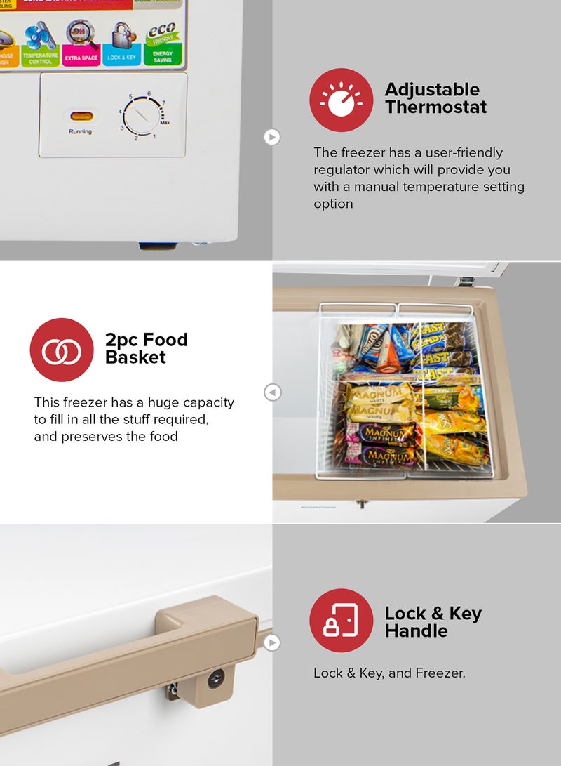 GEEPAS 300L Gross/260L Net Capacity Freestanding Chest Freezer With Compressor Swith Off Function, LED Light, Lock & Key, High-Efficiency Monolithic Foaming, 2 Food Basket, Adjustable Thermostat 350 L 155 W GCF3006WAH White  - Image 3