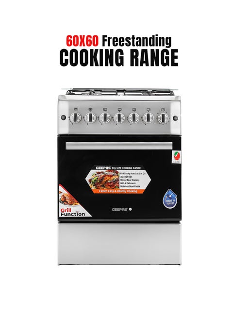 60*60 Cm Cooking Range, 4 Gas Euro Pool Type Burners & 3mm Flat Burner Caps, Double Knobs Control Oven Lamp, Turnspit, Convection Single Oven, /Grill & Rotisserie Function, Glass Top Lid, Push Button Ignition, 1 Year Warranty GCR6057 Silver/black