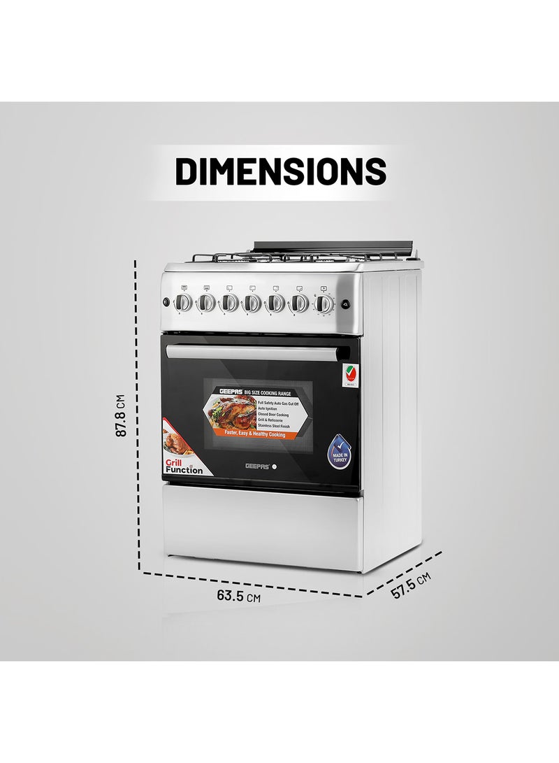 GEEPAS - 60*60 Cm Cooking Range, 4 Gas Euro Pool Type Burners & 3mm Flat Burner Caps, Double Knobs Control Oven Lamp, Turnspit, Convection Single Oven, /Grill & Rotisserie Function, Glass Top Lid, Push Button Ignition, 1 Year Warranty GCR6057 Silver/black - Image 1
