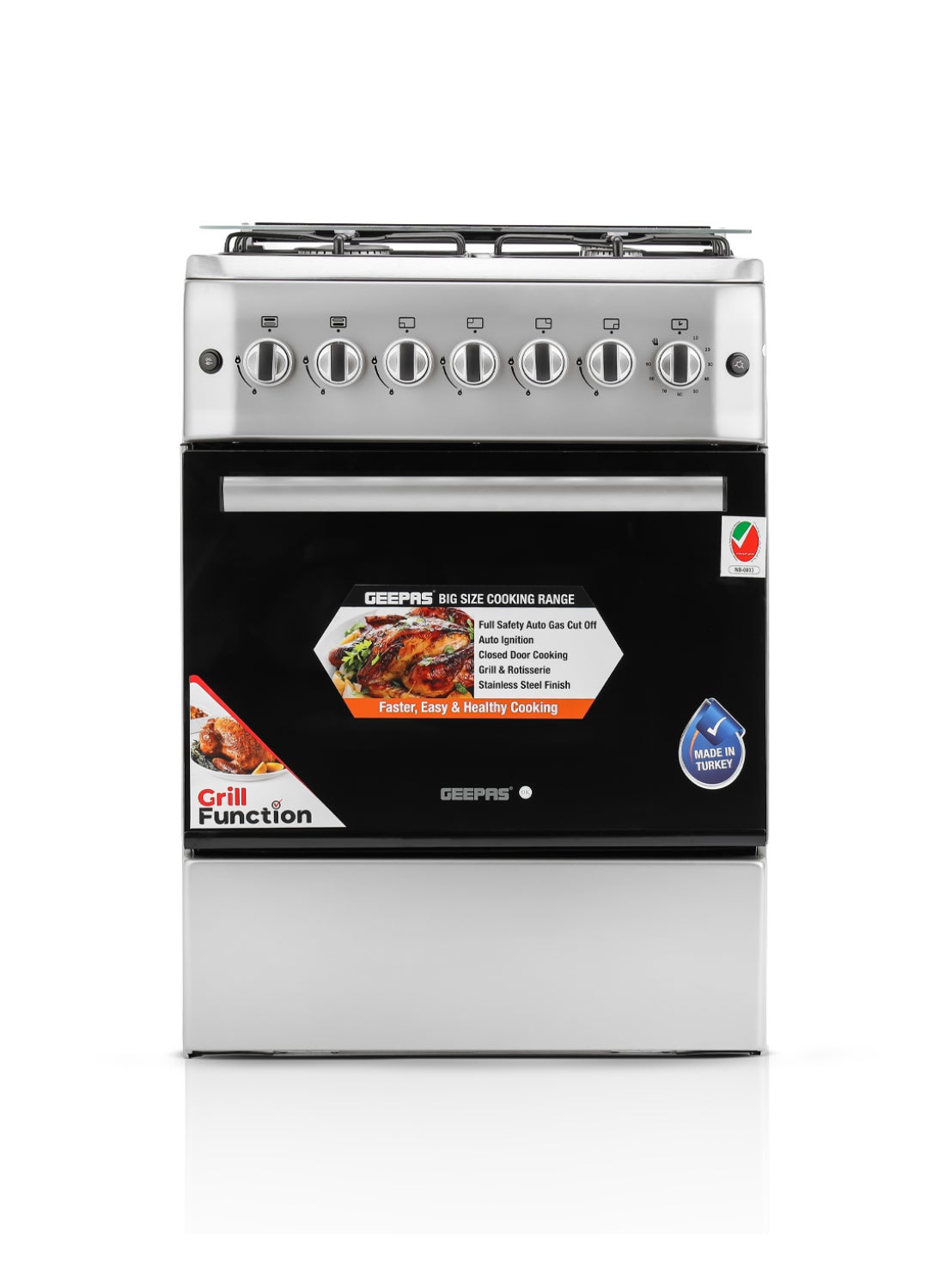 60*60 Cm Cooking Range, 4 Gas Euro Pool Type Burners & 3mm Flat Burner Caps, Double Knobs Control Oven Lamp, Turnspit, Convection Single Oven, /Grill & Rotisserie Function, Glass Top Lid, Push Button Ignition, 1 Year Warranty GCR6057 Silver/black