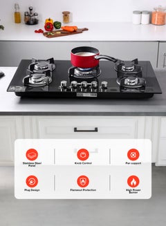GEEPAS 5-Burner Gas Hob - Attractive Design, 8mm Tempered Glass Worktop - Automatic Ignition, 5 Heating Zones |Ergonomic Design, Stainless Steel Body GGC31011 Black  - Image 2