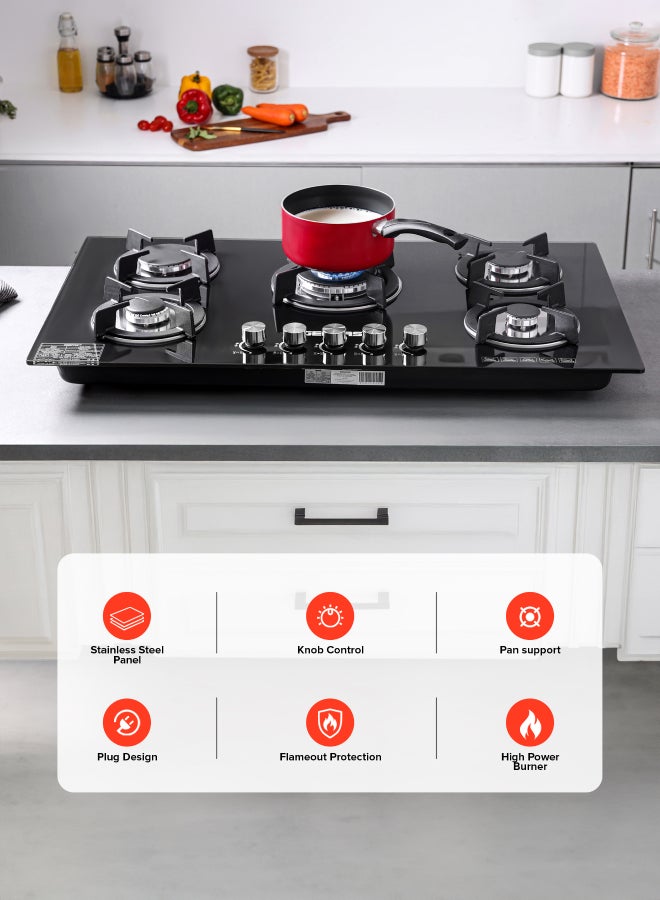 GEEPAS 5-Burner Gas Hob - Attractive Design, 8mm Tempered Glass Worktop - Automatic Ignition, 5 Heating Zones |Ergonomic Design, Stainless Steel Body GGC31011 Black  - Image 2