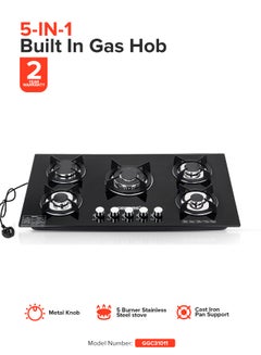 GEEPAS 5-Burner Gas Hob - Attractive Design, 8mm Tempered Glass Worktop - Automatic Ignition, 5 Heating Zones |Ergonomic Design, Stainless Steel Body GGC31011 Black  - Image 1