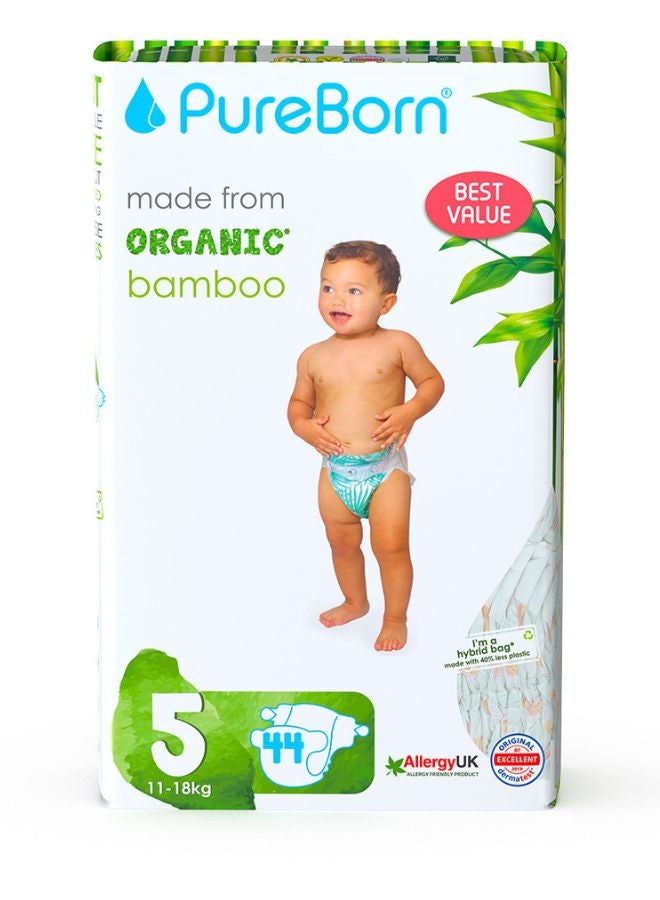 بيور بورن عبوة حفاضات أطفال من الخيزران العضوي، مقاس 5، لوزن 11 - 18 كجم، بنقشة أناناس من 44 قطعة - Image 1