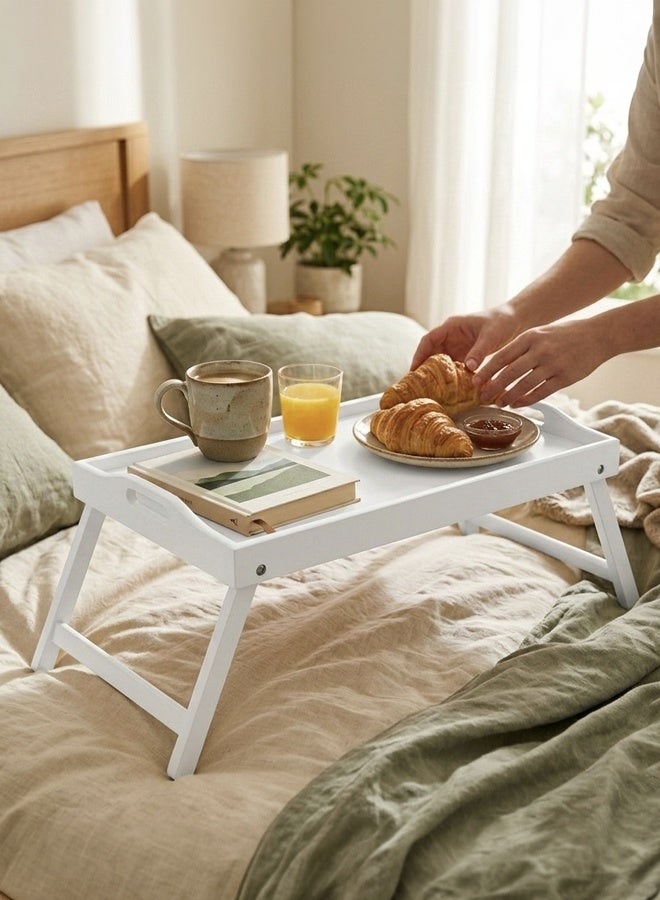 Cuisine Art 2-in-1 Foldable Bamboo Bed Tray Table – 30x50cm Portable Laptop Desk & Serving Tray with Handles – Dual-Purpose Breakfast in Bed Stand – Space-Saving Sustainable Wood Design White 55x36x31 cm - Image 4