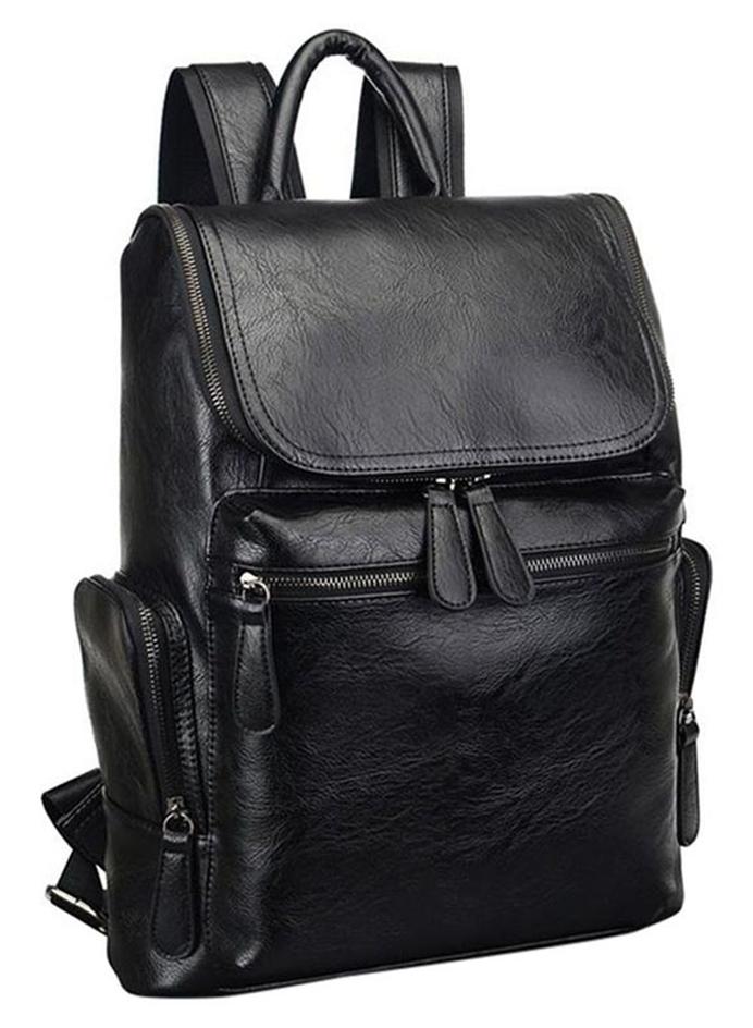 Zip Closure Leather Backpack Black - Image 1