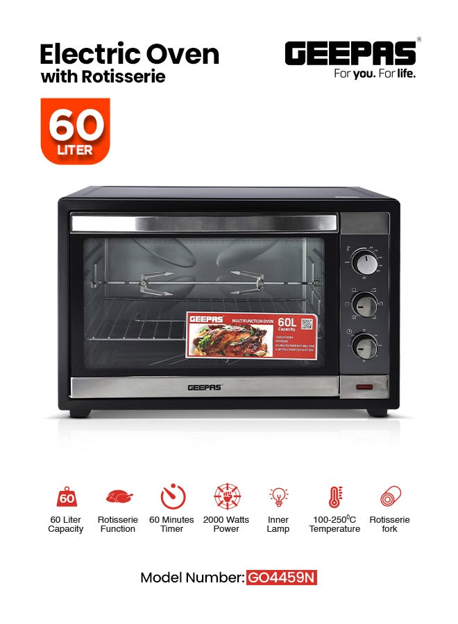 Geepas 60 Liter Electric OTG Oven with Convection & Rotisserie | 2000W Toaster Grill Baker | 100-250°C Temp, 60 Min Timer | Stainless Steel Heating, Tempered Glass Window | Model: GO4459N, Black 60 L 2000 W GO4459N Black - Image 1
