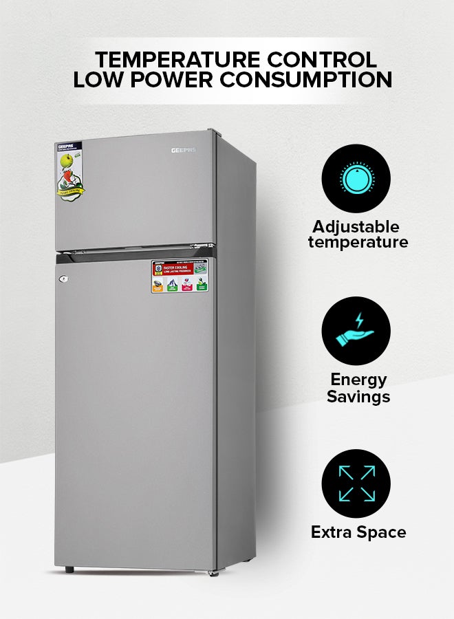 GEEPAS - 240L Gross/205L Net Capacity Double Door Defrost Refrigerator| With faster Cooling, Long Lasting Freshness, Extra Space, VCM Steel Body,Tempered Glass Shelves, Handle Lock And Key, Temperature Control, LED Lighting|37L Freezer Capacity 240 L GRF2400SXE Silver - Image 1