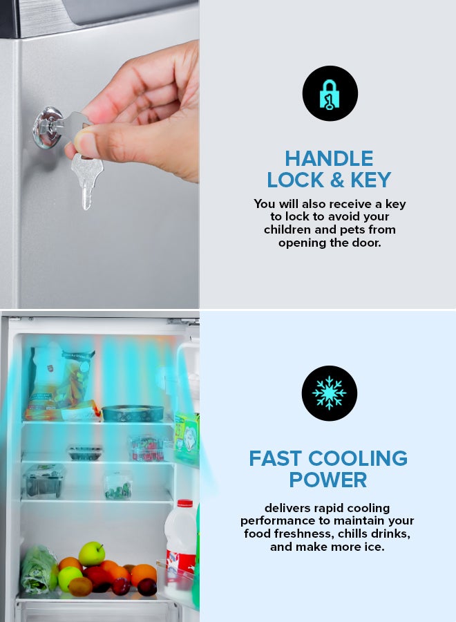 GEEPAS - 240L Gross/205L Net Capacity Double Door Defrost Refrigerator| With faster Cooling, Long Lasting Freshness, Extra Space, VCM Steel Body,Tempered Glass Shelves, Handle Lock And Key, Temperature Control, LED Lighting|37L Freezer Capacity 240 L GRF2400SXE Silver - Image 1