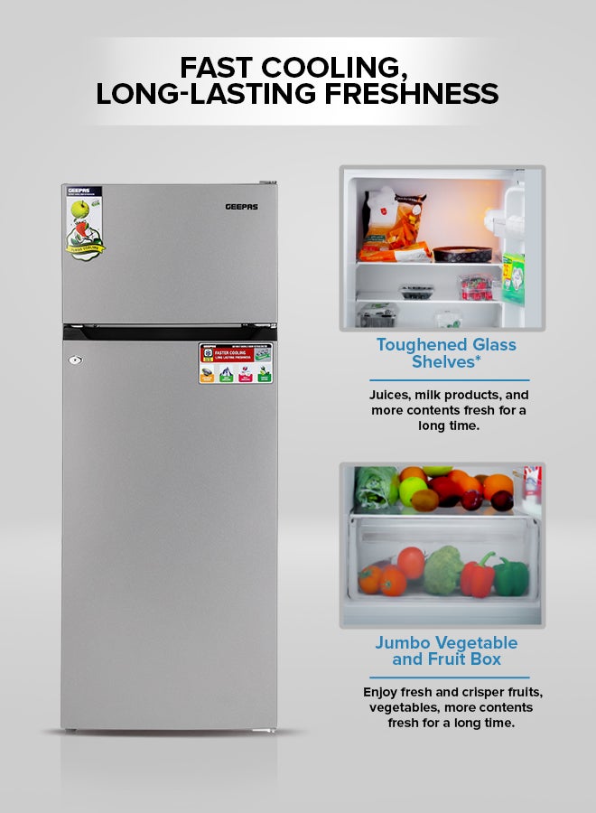 GEEPAS - 240L Gross/205L Net Capacity Double Door Defrost Refrigerator| With faster Cooling, Long Lasting Freshness, Extra Space, VCM Steel Body,Tempered Glass Shelves, Handle Lock And Key, Temperature Control, LED Lighting|37L Freezer Capacity 240 L GRF2400SXE Silver - Image 1