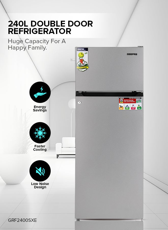 GEEPAS - 240L Gross/205L Net Capacity Double Door Defrost Refrigerator| With faster Cooling, Long Lasting Freshness, Extra Space, VCM Steel Body,Tempered Glass Shelves, Handle Lock And Key, Temperature Control, LED Lighting|37L Freezer Capacity 240 L GRF2400SXE Silver - Image 1