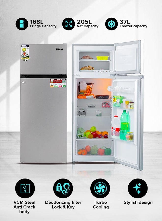 GEEPAS - 240L Gross/205L Net Capacity Double Door Defrost Refrigerator| With faster Cooling, Long Lasting Freshness, Extra Space, VCM Steel Body,Tempered Glass Shelves, Handle Lock And Key, Temperature Control, LED Lighting|37L Freezer Capacity 240 L GRF2400SXE Silver - Image 1