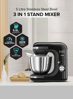 3-In-1 Stand Mixer With 7 Level Mixing Speed | 5 Litre Stainless Steel Bowl with Splash Guard |Convenient Design with Whisk, Dough Hook & Beater | Perfect All Kitchen Use 5 L 600 W GSM43013 Black