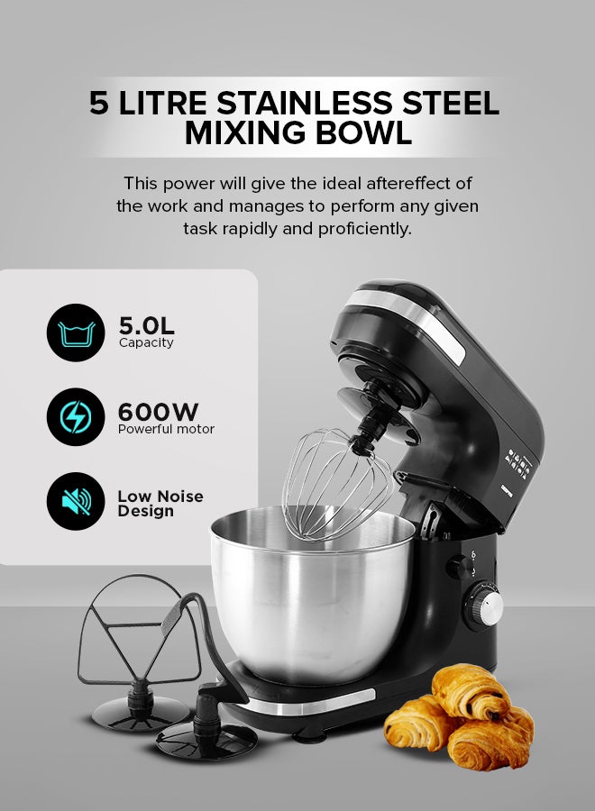 GEEPAS - 3-In-1 Stand Mixer With 7 Level Mixing Speed | 5 Litre Stainless Steel Bowl with Splash Guard |Convenient Design with Whisk, Dough Hook & Beater | Perfect All Kitchen Use 5 L 600 W GSM43013 Black - Image 1