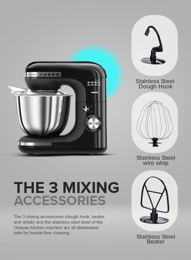 GEEPAS - 3-In-1 Stand Mixer With 7 Level Mixing Speed | 5 Litre Stainless Steel Bowl with Splash Guard |Convenient Design with Whisk, Dough Hook & Beater | Perfect All Kitchen Use 5 L 600 W GSM43013 Black - Image 1