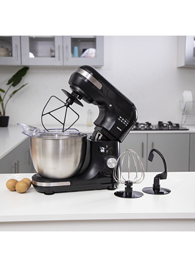 GEEPAS - 3-In-1 Stand Mixer With 7 Level Mixing Speed | 5 Litre Stainless Steel Bowl with Splash Guard |Convenient Design with Whisk, Dough Hook & Beater | Perfect All Kitchen Use 5 L 600 W GSM43013 Black - Image 1