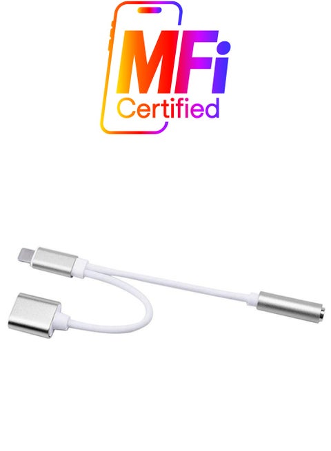 2-In-1 Lightning To Female 3.5 mm And Lightning Adapter Silver/White