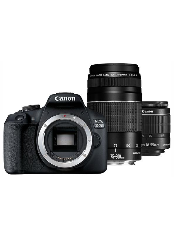 كانون كاميرا رقمية بعدسةٍ أحاديةٍ عاكسة EOS 2000D بتركيزٍ خلفي قصير 18-55 مم، وفتحة العدسة f/3.5-5.6 IS II + تركيز خلفي 75-300 مم، وفتحة عدسة f/4-5.6 III USM بدقة 24.1 ميجابكسل وميزة واي فاي مدمج وتقنية NFC - Image 1