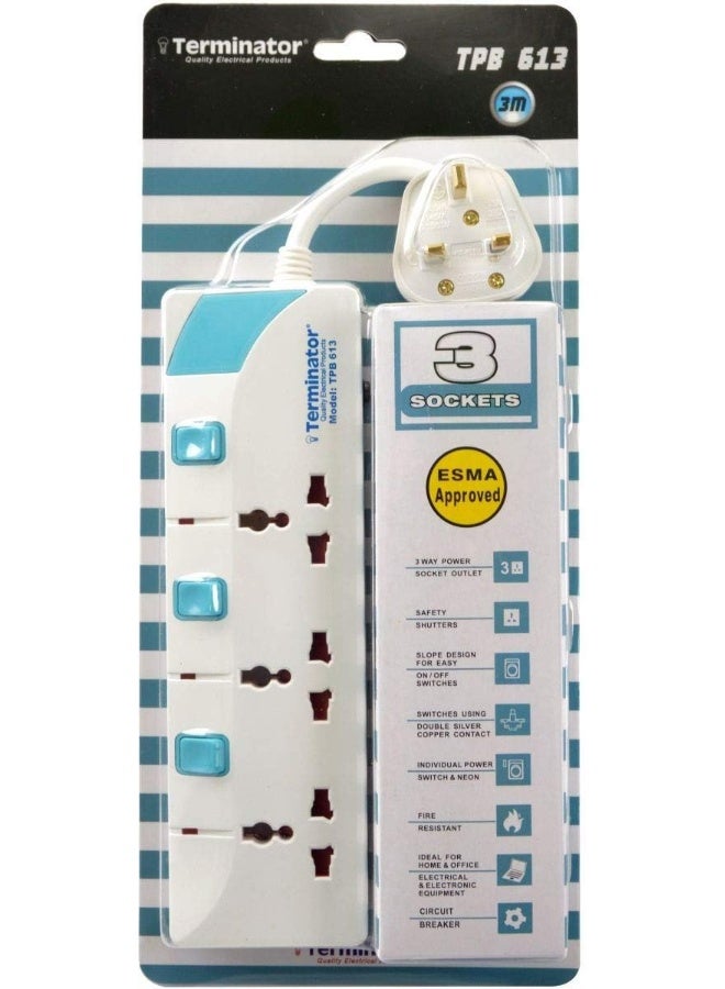 Terminator - Power Board 3-Way Universal Extension Socket Cable White/Blue 3meter - Image 1