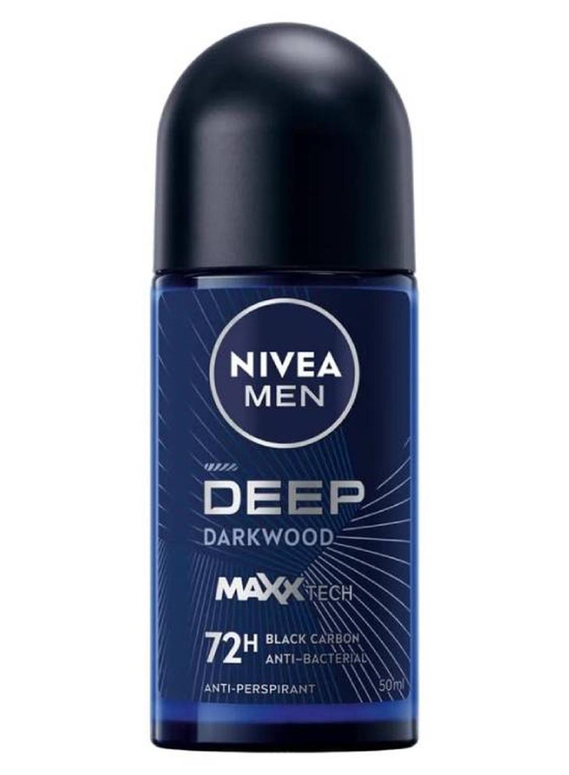 Nivea Men Deep Black Carbon Dark Wood Antiperspirant Antibacterial, Roll-On 50ml - Image 1