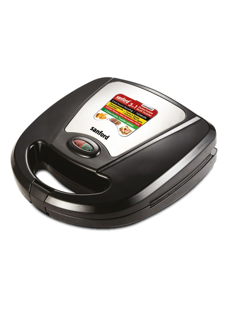 Sanford 3-in-1 Detachable Multi Toaster with Thermostatic Control, Non-Stick Plates for Sandwiches, Waffles and Grilling 750 W SF9955DMT Black  - Image 1
