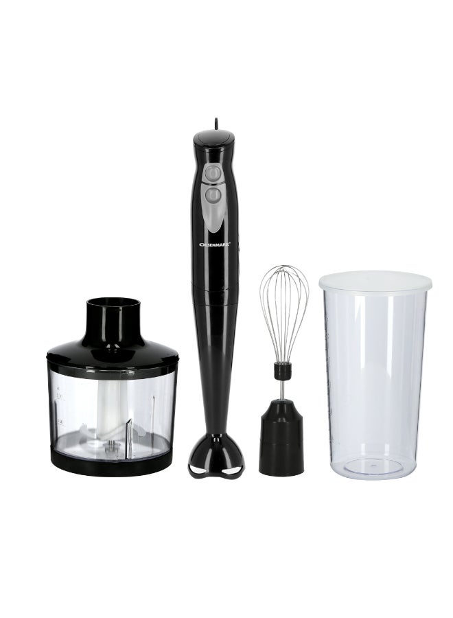 Olsenmark Hand Blender with Chopper,  Stainless Steel Blade, Two Speed Operation, 600ml Jar with Lid, Detachable Stick & Hang Up Loop and Anti-Splash Bade Guard OMHB2286 Black/Clear/Silver - Image 1