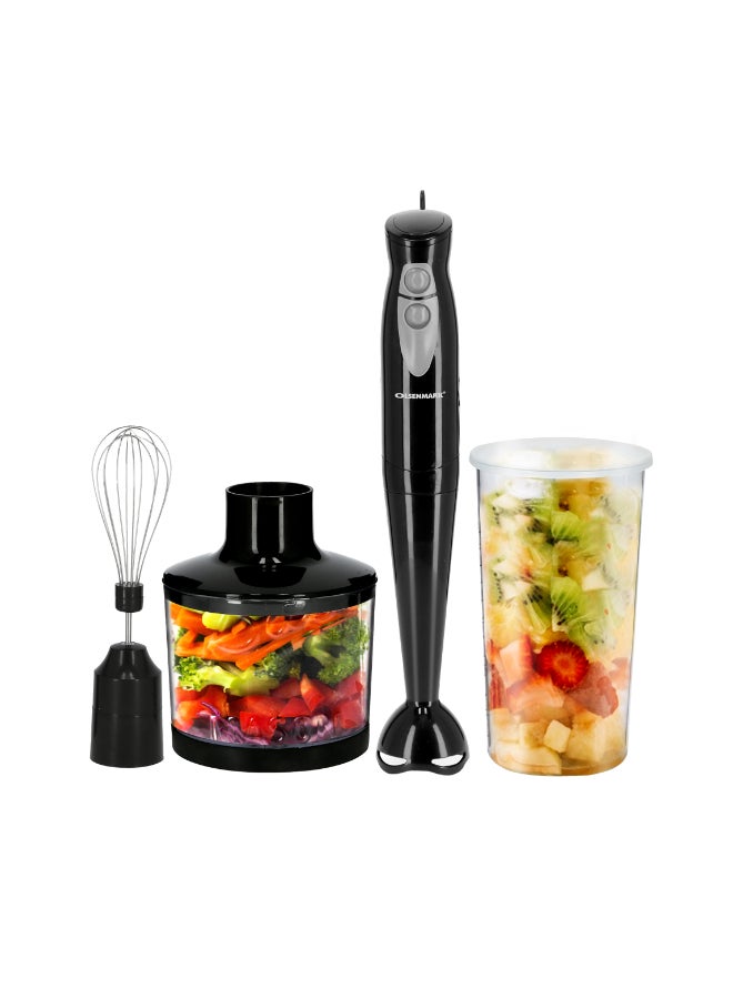 Olsenmark Hand Blender with Chopper,  Stainless Steel Blade, Two Speed Operation, 600ml Jar with Lid, Detachable Stick & Hang Up Loop and Anti-Splash Bade Guard OMHB2286 Black/Clear/Silver - Image 2