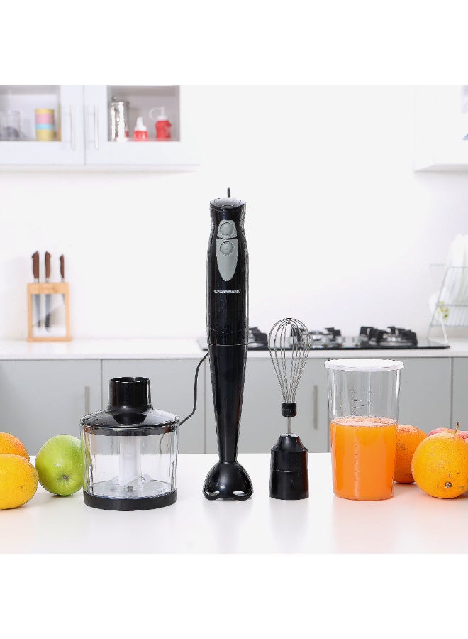 Olsenmark Hand Blender with Chopper,  Stainless Steel Blade, Two Speed Operation, 600ml Jar with Lid, Detachable Stick & Hang Up Loop and Anti-Splash Bade Guard OMHB2286 Black/Clear/Silver - Image 3