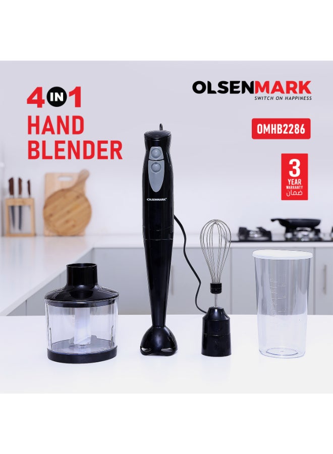 Olsenmark Hand Blender with Chopper,  Stainless Steel Blade, Two Speed Operation, 600ml Jar with Lid, Detachable Stick & Hang Up Loop and Anti-Splash Bade Guard OMHB2286 Black/Clear/Silver - Image 5