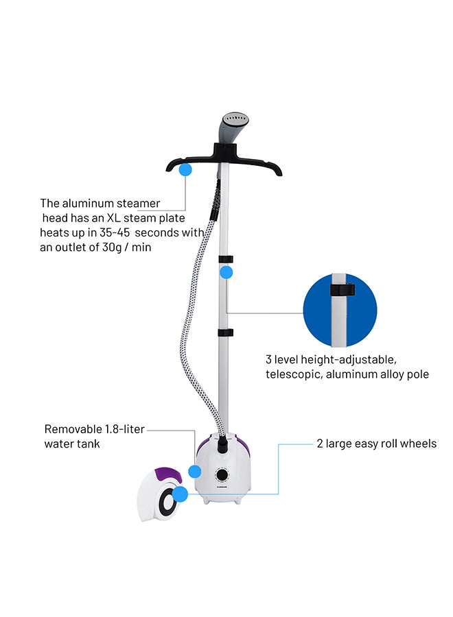 Olsenmark - Garment Steamer with Water Tank, Fast Heating, Aluminum Pole, Ergonomic Grip & Suitable for All Fabrics 1.8 L 2000 W OMGS1690N White/Purple - Image 1