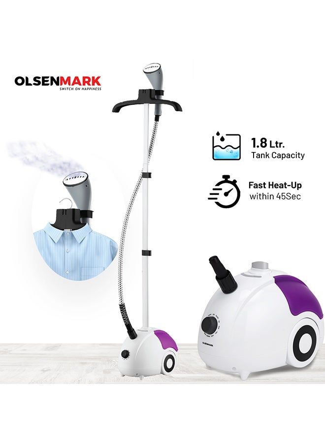 Olsenmark Garment Steamer with Water Tank, Fast Heating, Aluminum Pole, Ergonomic Grip & Suitable for All Fabrics 1.8 L 2000 W OMGS1690N White/Purple - Image 1
