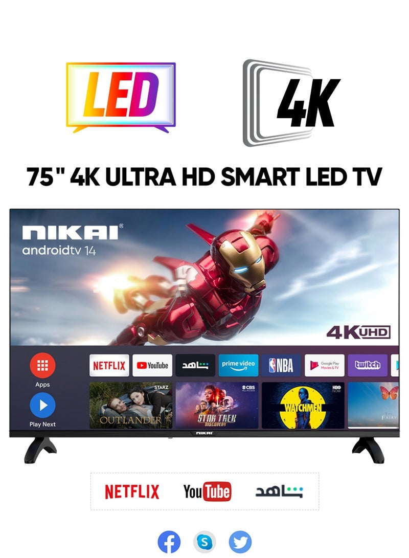 NIKAI 75 Inch Smart LED TV, Frameless Design, Built-In Wi-Fi, Smart Apps Shahid, YouTube, Netflix, Amazon, HDMI And USB Connectivity, Quad-Core, 1GB RAM, 8 GB Memory, Auto Power Off UHD75SLEDK Silver  - Image 1