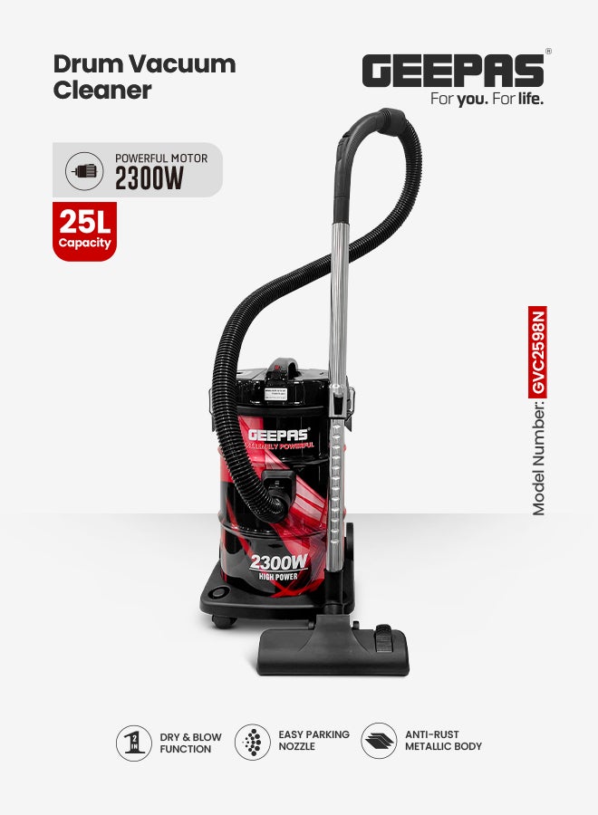 Drum Vacuum Cleaner With 25 L Dust Bag Capacity/Dry And Blow Function/Adjustable Suction Power And Multi-Filtration System/Dust Full Indicator & Perfect For Home, Apartments, Offices & Malls 25 L 2300 W GVC2598N Red/Black 