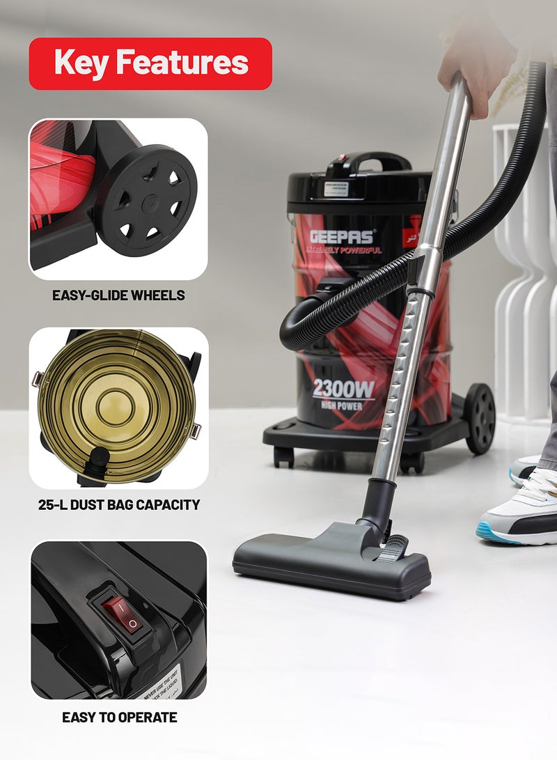 GEEPAS - Drum Vacuum Cleaner With 25 L Dust Bag Capacity/Dry And Blow Function/Adjustable Suction Power And Multi-Filtration System/Dust Full Indicator & Perfect For Home, Apartments, Offices & Malls 2300 W GVC2598N Grey/Black - Image 1