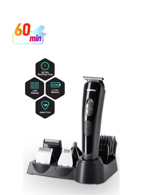 11-in-1 Rechargeable Grooming Set,Hair/ Bread/ Nose/ Ear/ Body Trimmer | 5 Changeable Heads | Li-Ion Battery | 60mins Working Time | LED Display | 4 Combs Attachments Black/Silver