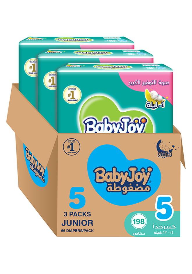 بيبي جوي حفاضات أطفال، مقاس 5، لوزن 14-23 كجم، من 198 قطعة (66 × 3) - مقاس صغير، مضغوط، بملمس القطن - Image 1