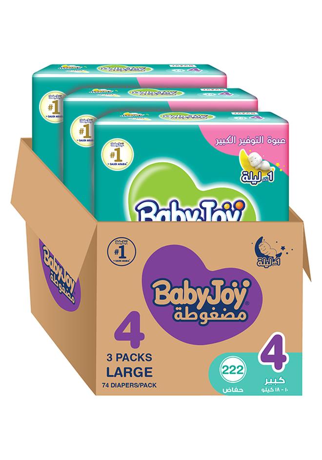 بيبي جوي حفاضات بحشوة ماسية مضغوطة، مقاس 4 كبير، 10 إلى 18 كجم، عبوة كبيرة من 222 حفاضة - Image 1